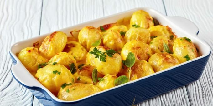 Young potatoes with cheese in the oven