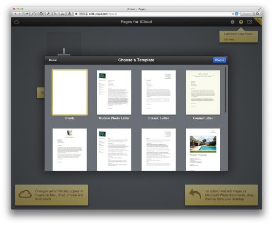 Choosing a template for a new document in Pages for iCloud