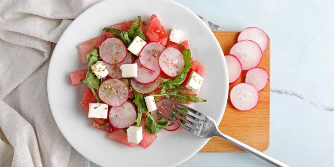 Thai salad with watermelon, radish, feta and spicy dressing