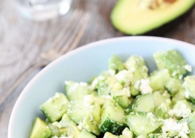 Cucumber salad with feta cheese and avocado