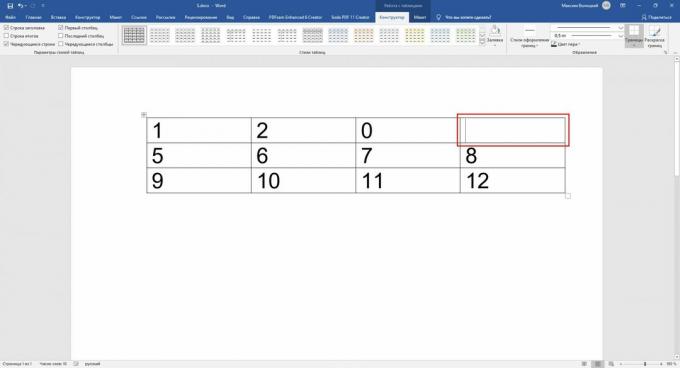 How to insert a formula in a Word table: place the cursor