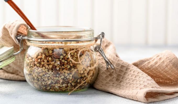 Green buckwheat granola with oatmeal, nuts and dried fruits