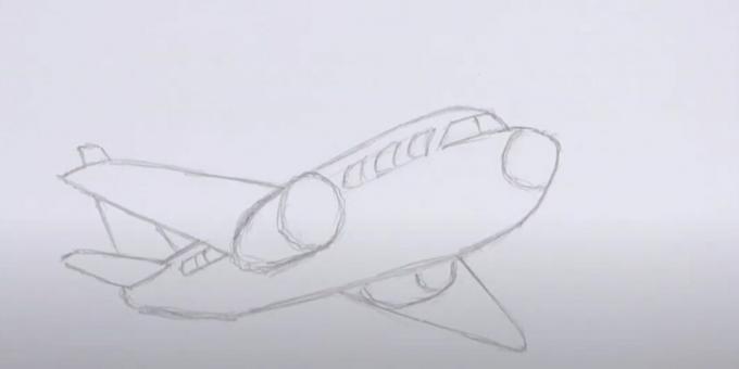 How to draw an airplane: draw the portholes, glass and engine