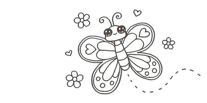 Draw around the flowers butterflies and hearts, but from the body - a wavy dotted line