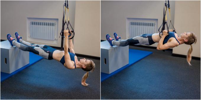 activating the exercise: Pulling on the legs with rings on a pedestal