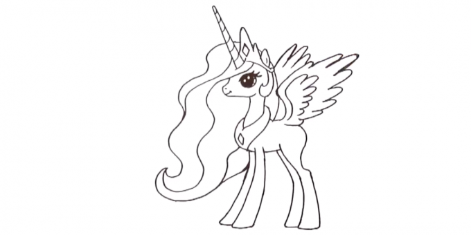 Wavy lines draw a unicorn lush mane fluttering