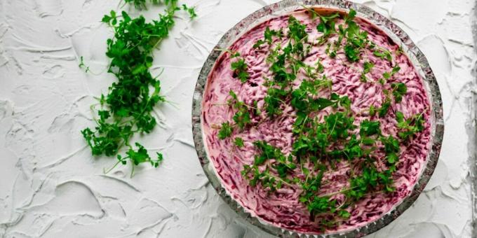 Layered salad with beef liver and beetroot