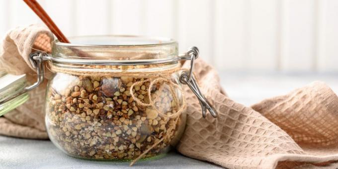 Green buckwheat granola with oat flakes, nuts and dried fruits