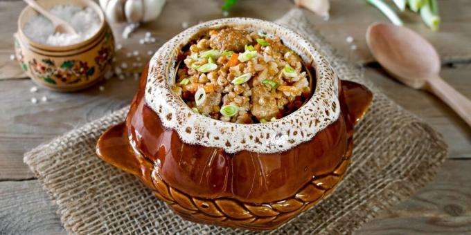 Buckwheat with meat, stewed in a pot