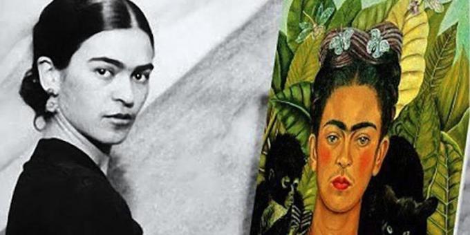 Frida Kahlo with her self-portrait