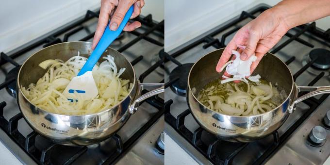 How to cook the onion soup: Put the onions in the pan