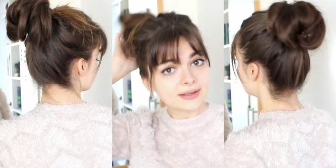 Women's hairstyles with bangs: a simple high bun