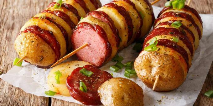 Potatoes with sausage on skewers