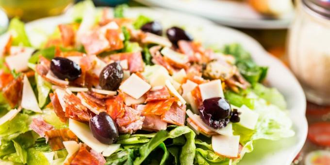 Salad with smoked sausage, cheese and olives