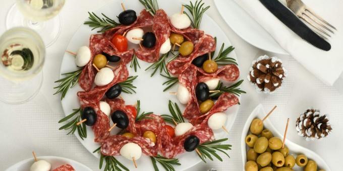Canape with sausage, olives and mozzarella