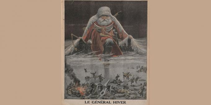 History of the Russian Empire: "General Winter is advancing on the German army", illustration by Louis Bomblay from Le Petit Journal, January 1916. 