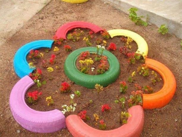 A flower bed of tires