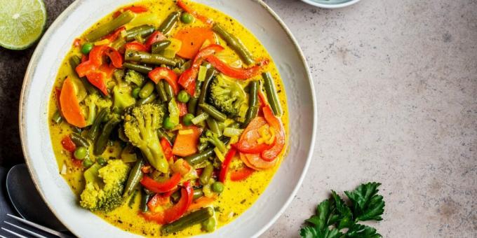 Curry vegetables in a frying pan