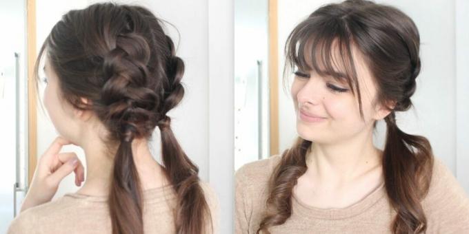 Hairstyle with bangs, spikelets and ponytails