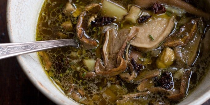 Soup from dried ceps with potatoes and rosemary