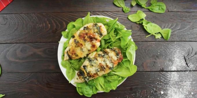 Baked chicken fillet with mushrooms, spinach and cheese