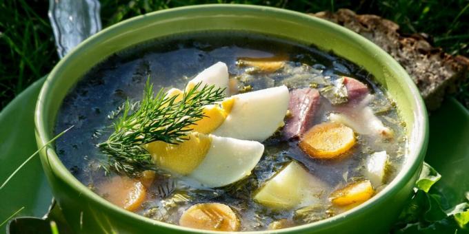 Green cabbage soup with bacon, nettle and sorrel