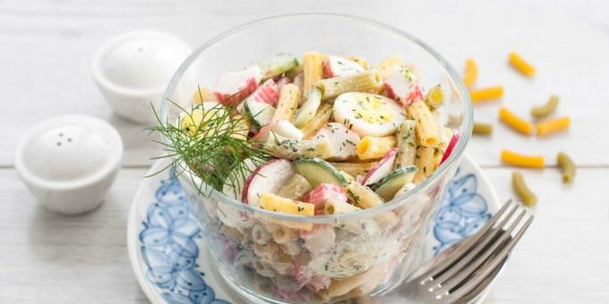 Salad with crab sticks, eggs and pasta