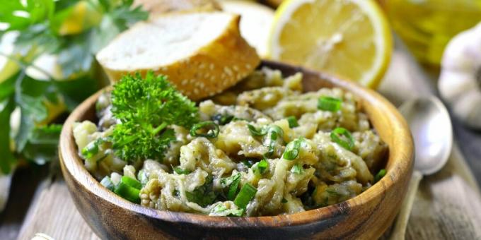 Salad with fried eggplant and onions