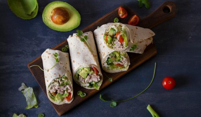Chicken with avocado, tomatoes and pepper in pita bread