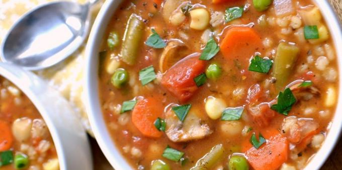 vegetable soups: soup with barley, mushrooms and chickpeas