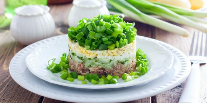 Salad with canned fish, cucumber, egg and green onions
