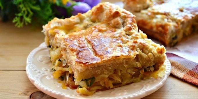 Puff pie with cabbage and mushrooms