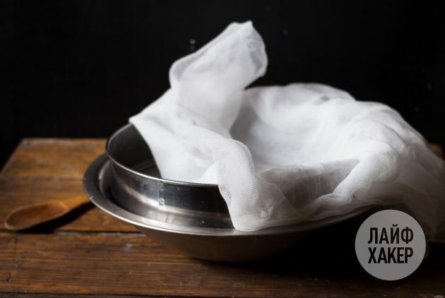 To make homemade yogurt-based cream cheese, cover the sieve with cheesecloth