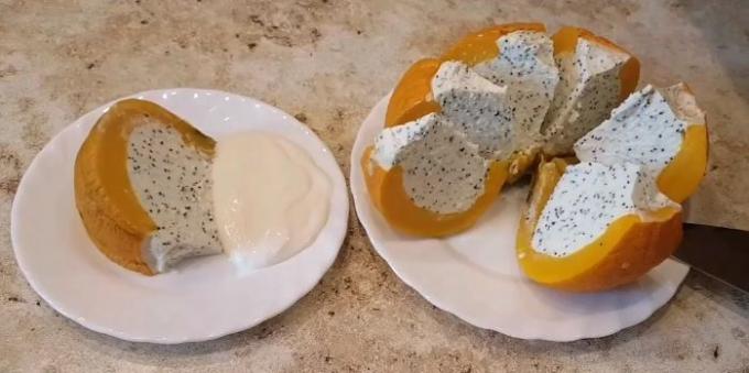 Cottage cheese casserole with poppy seeds in a pumpkin