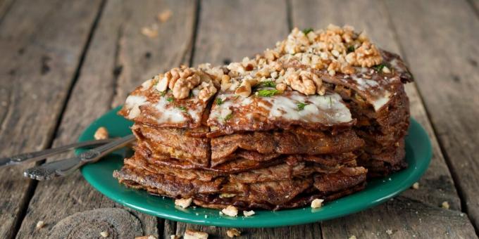 Liver cake with cheese and walnuts