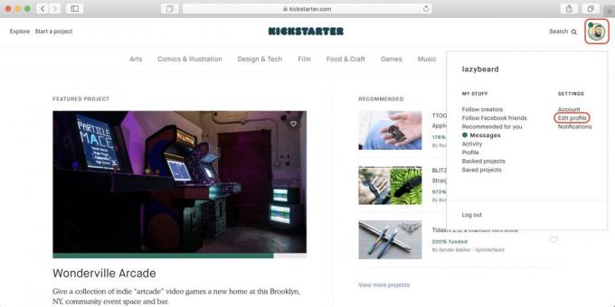How to buy on Kickstarter: click on the profile icon and then - on the Edit profile link