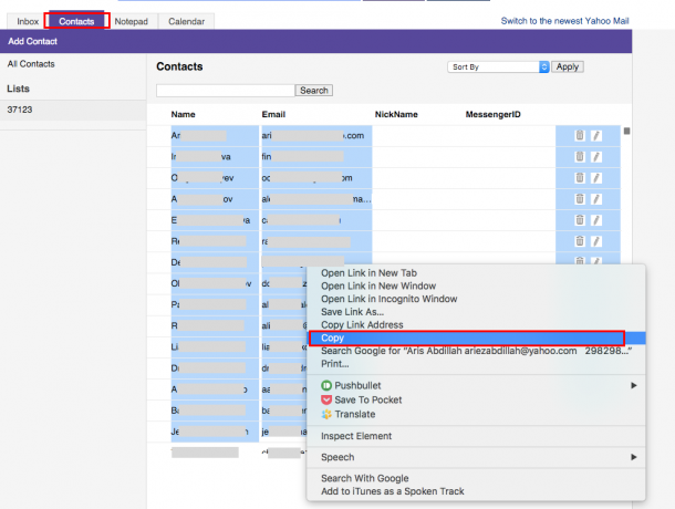 Copy contacts from Yahoo Mail