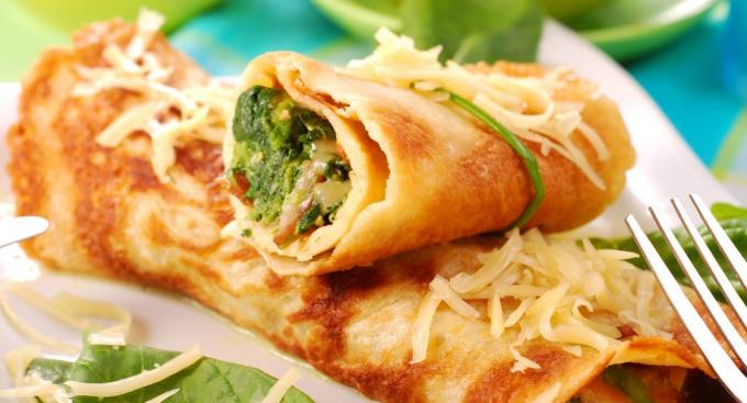 Toppings for pancakes: cheese and spinach