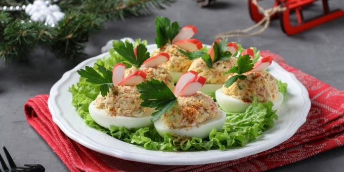 Eggs stuffed with crab sticks and cheese