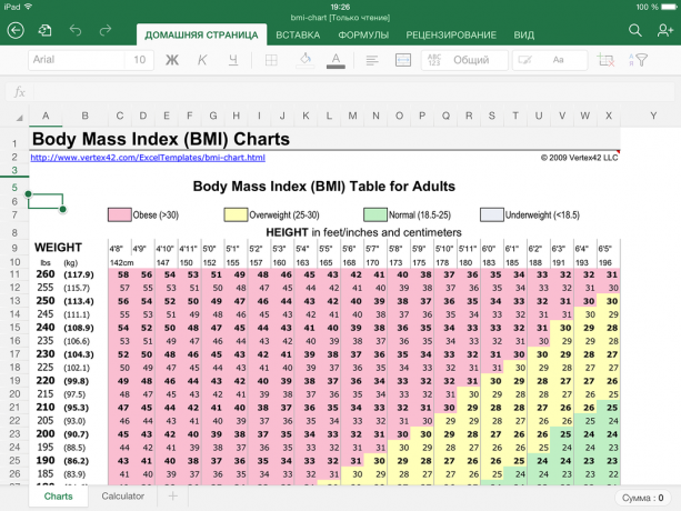 Excel-calculator for calculating body mass index