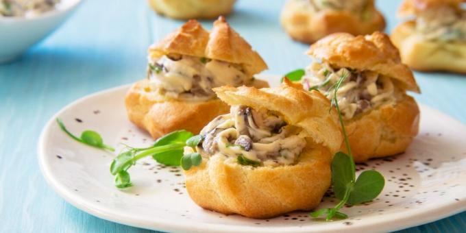 Profiteroles with mushrooms and cheese