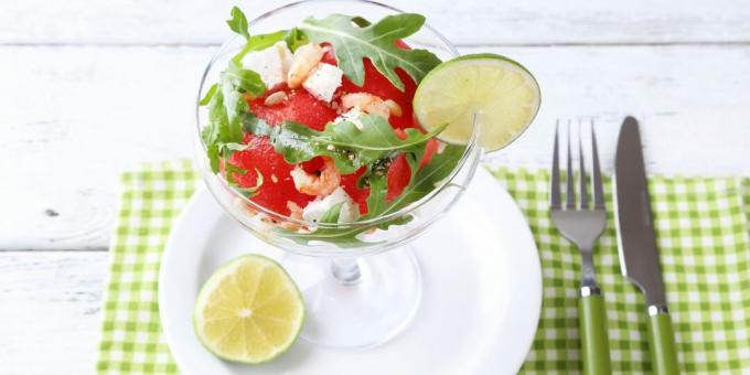 Salad with shrimps and watermelon