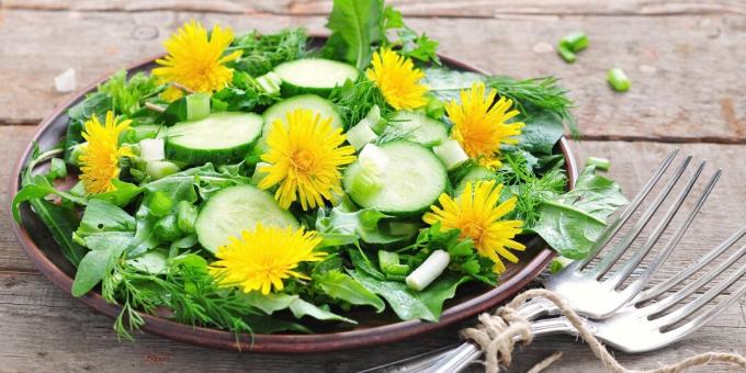 Dandelion salad with cucumber, seeds and honey mustard dressing