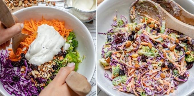 Recipe for salad broccoli, almonds, cranberry and lemon dressing yoghurt