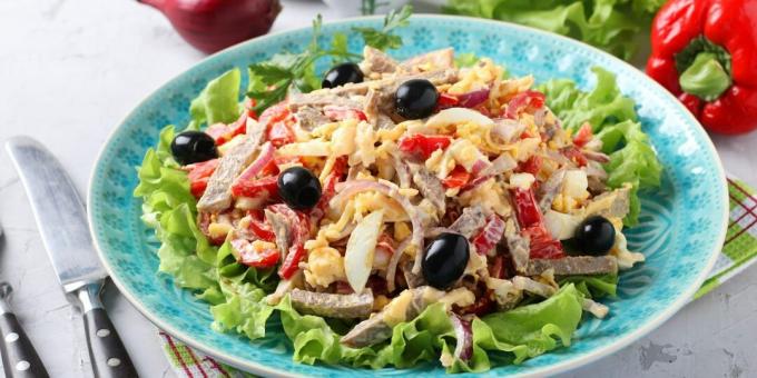 Salad with beef tongue, cheese and sweet pepper