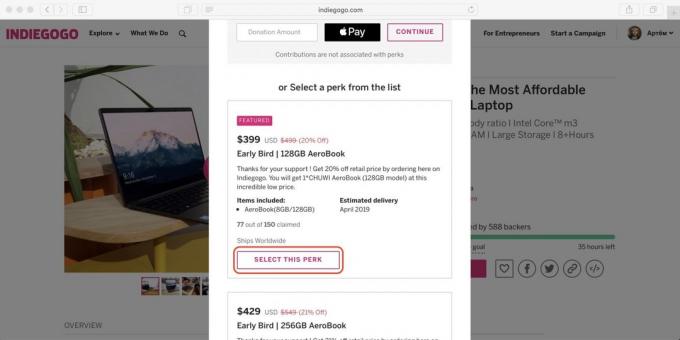 How to buy on Indiegogo: select your preferred delivery option and click Select this perk