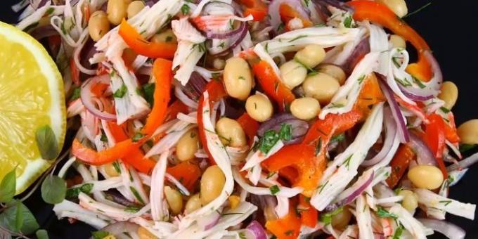 Salad with crab sticks, beans and peppers