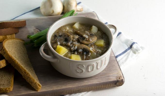 Vegan buckwheat soup with mushrooms