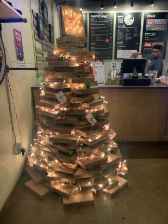 Christmas tree made of pizza boxes