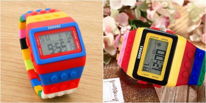 Children watch: digital clock in the LEGO style